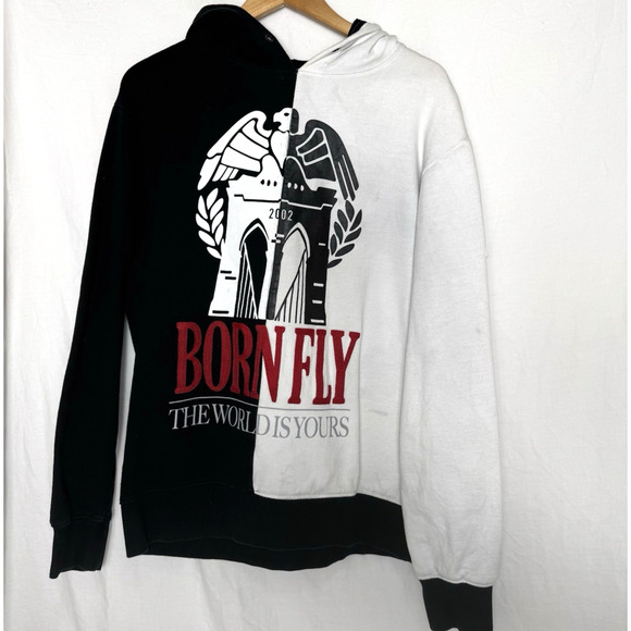 Born Fly Hoodie XL Black White Split Logo Graphic The World Is Yours Pullover - Picture 1 of 10